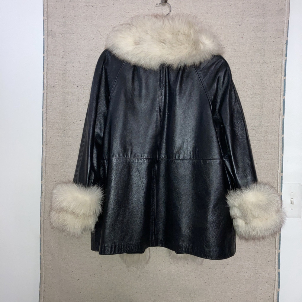 Vintage 60s Leather Penny Lane Fox Fur Collar Front Cuffs Trim Swing Coat Jacket - Picture 3 of 16